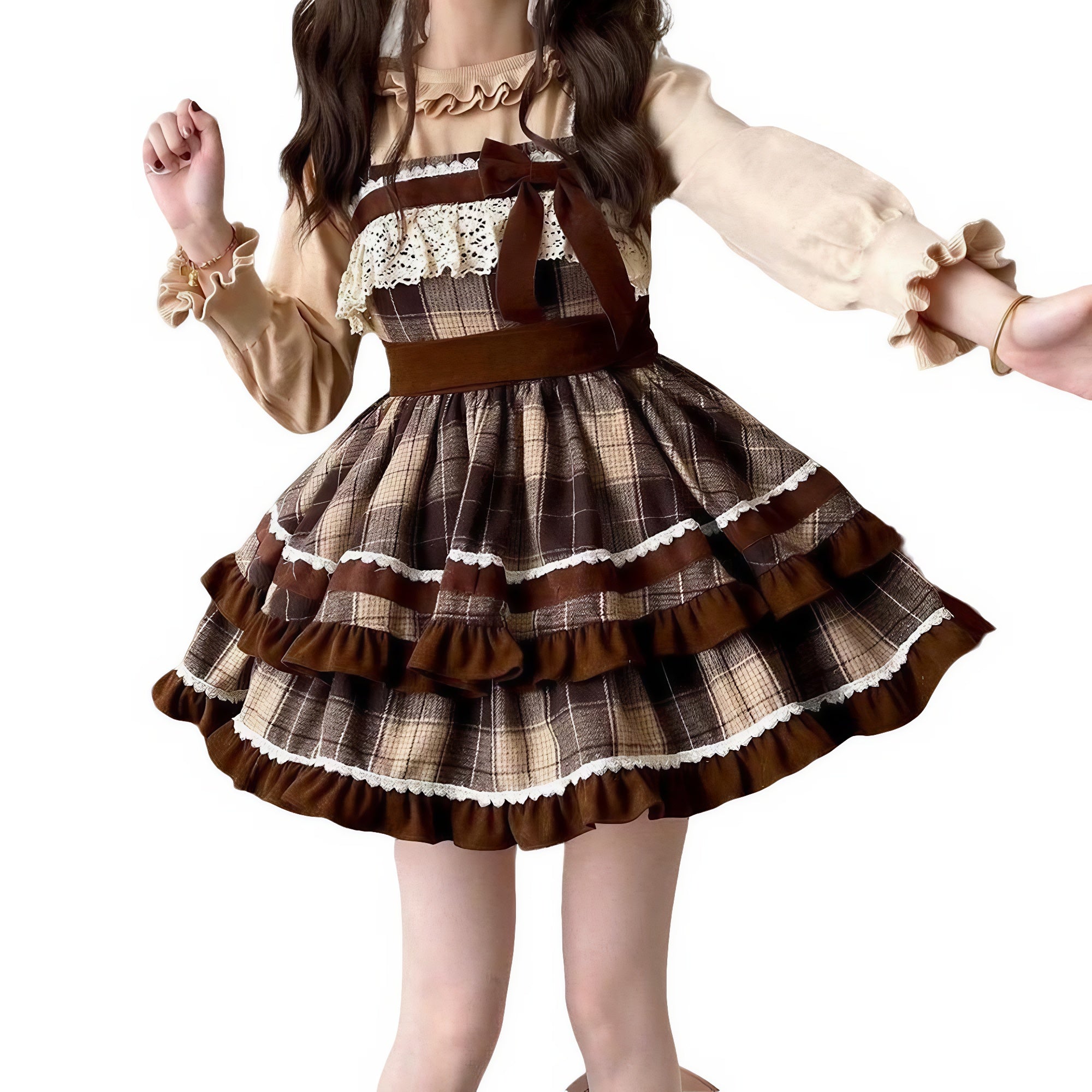 Lolita Plaid Jumper Dress & Cape Winter Wool Bow Layered Skirt Japanese Mori Girl Sweet Outfit